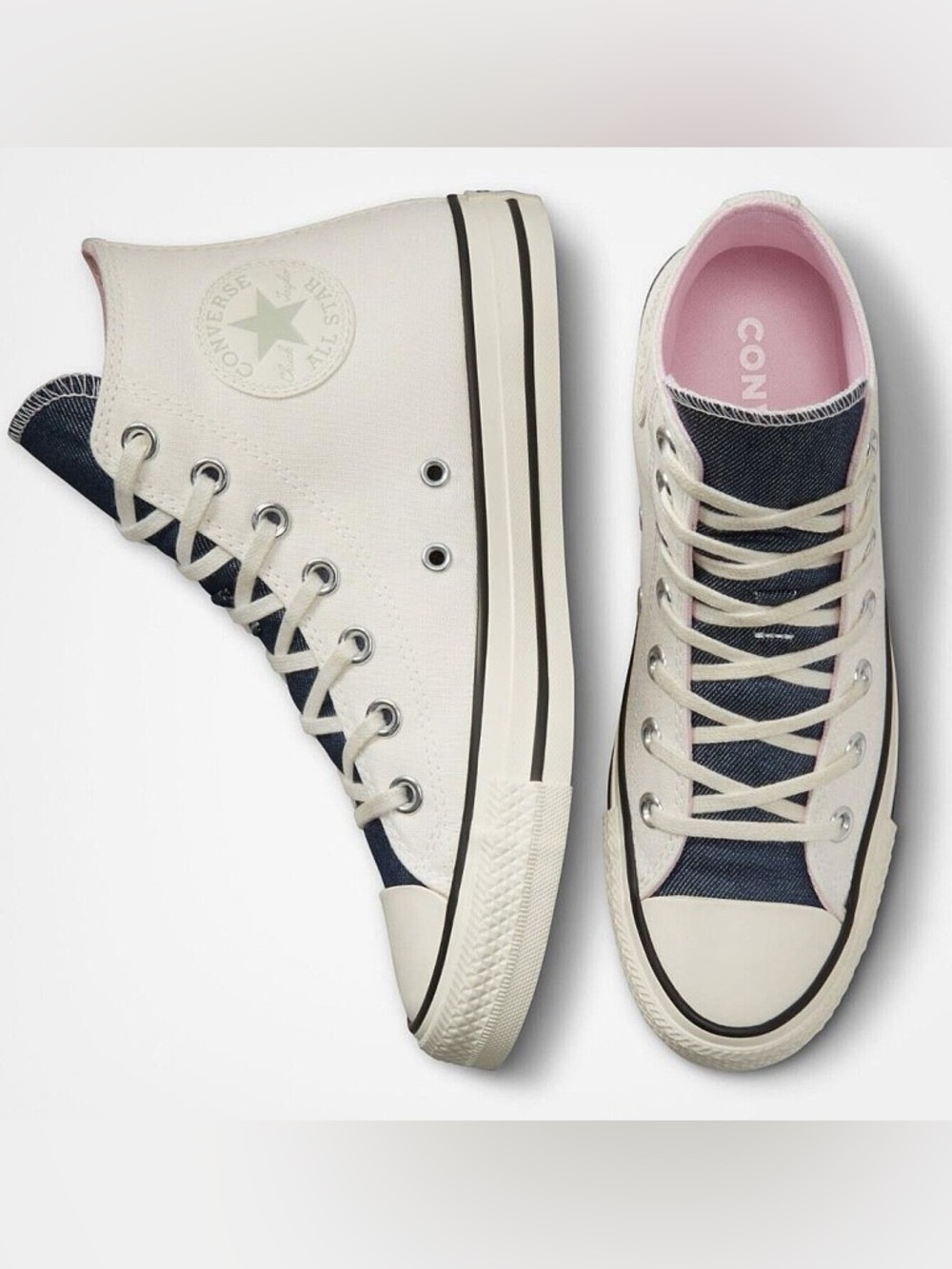 Converse High Top Sneakers in Cream, Navy & Pink size 8.5